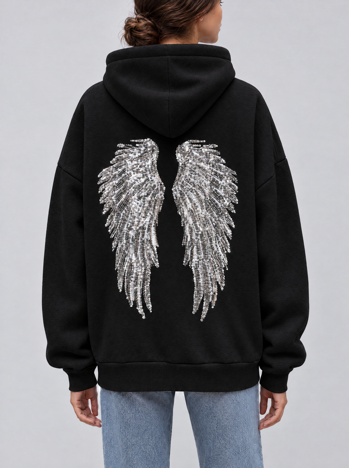 Seren sequin wing hoodie in black, back view