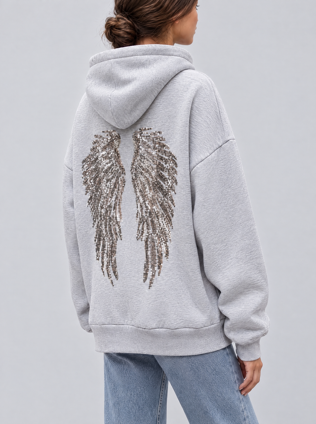 Seren sequin wing hoodie in gray, side view