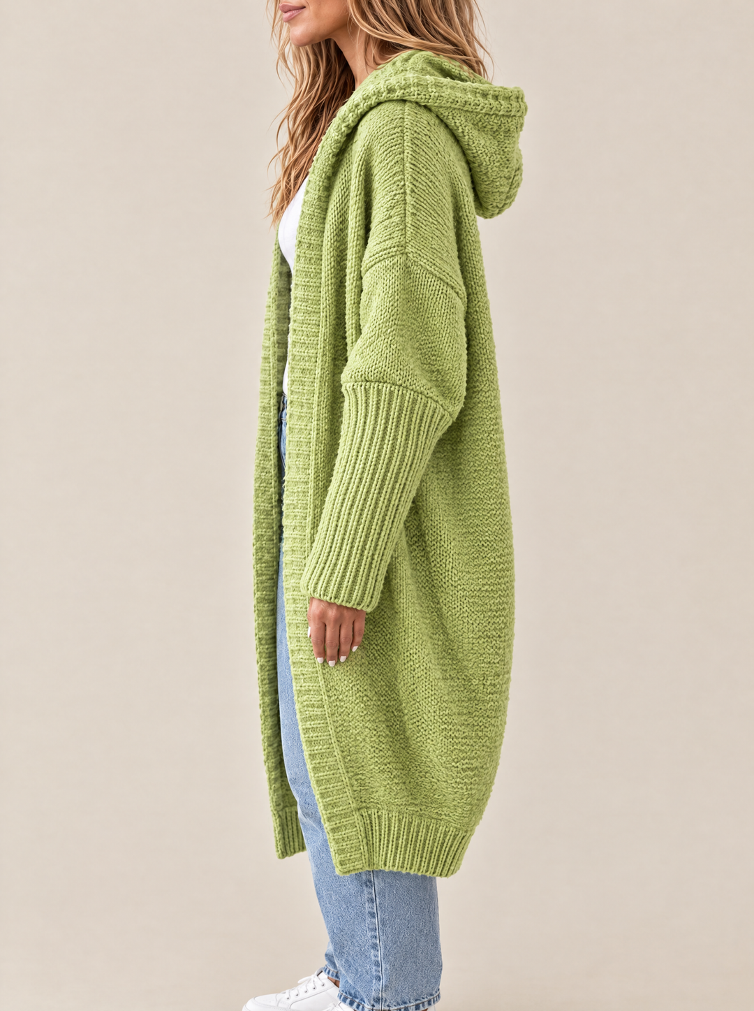 Odessa hooded knit cardigan, apple green, side view