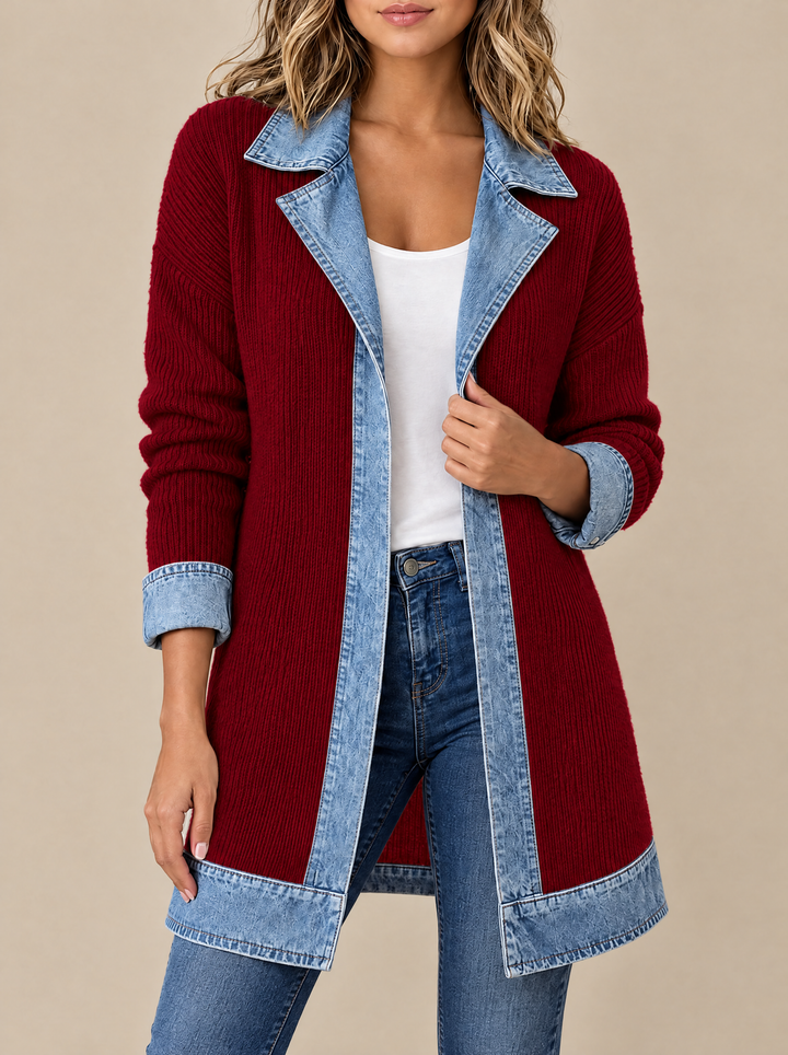 Hannah ribbed knit cardigan coat with denim collar, red, front view