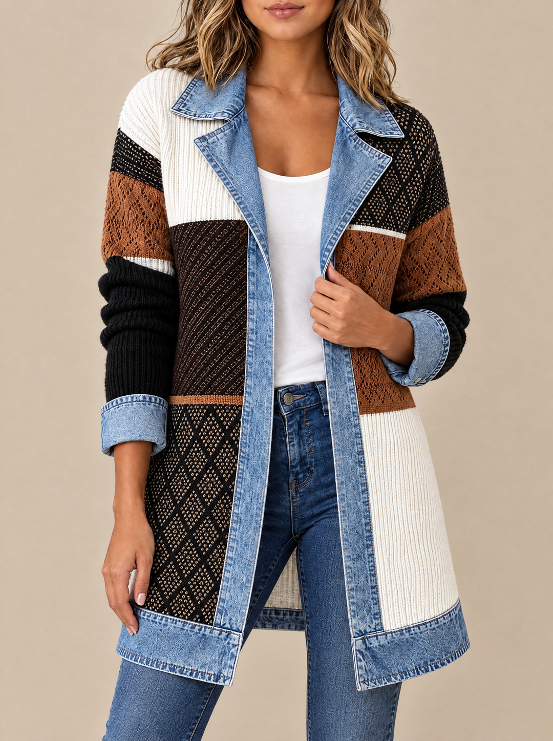 Hannah ribbed knit cardigan coat with denim collar, color block, front view, multicolor