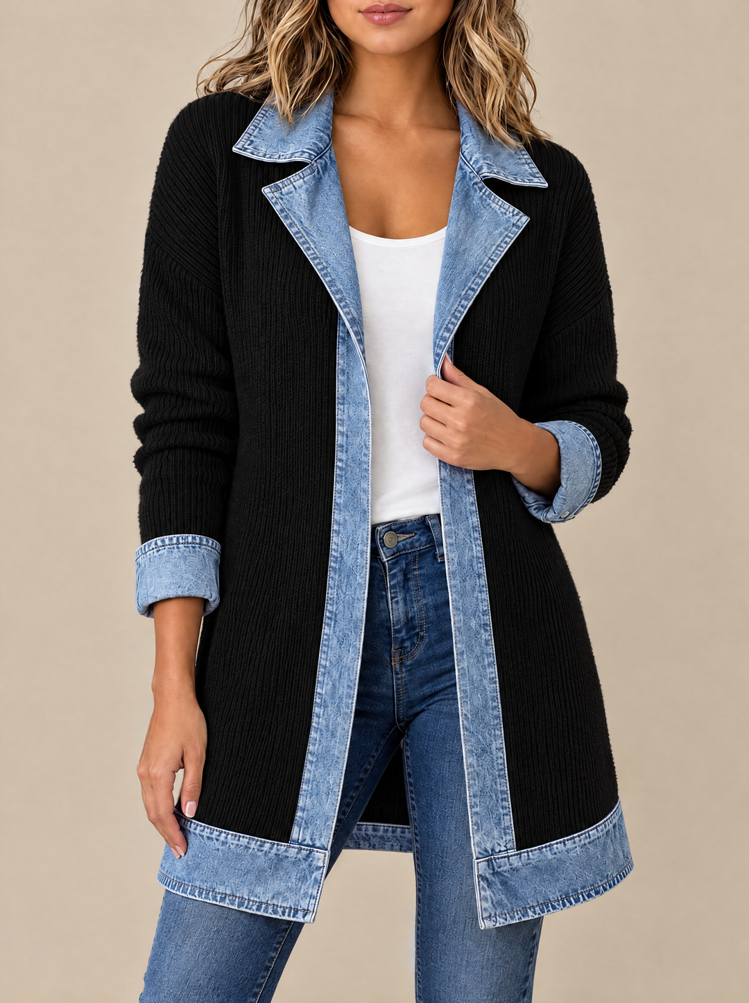 Hannah ribbed knit cardigan coat with denim collar, black, front view