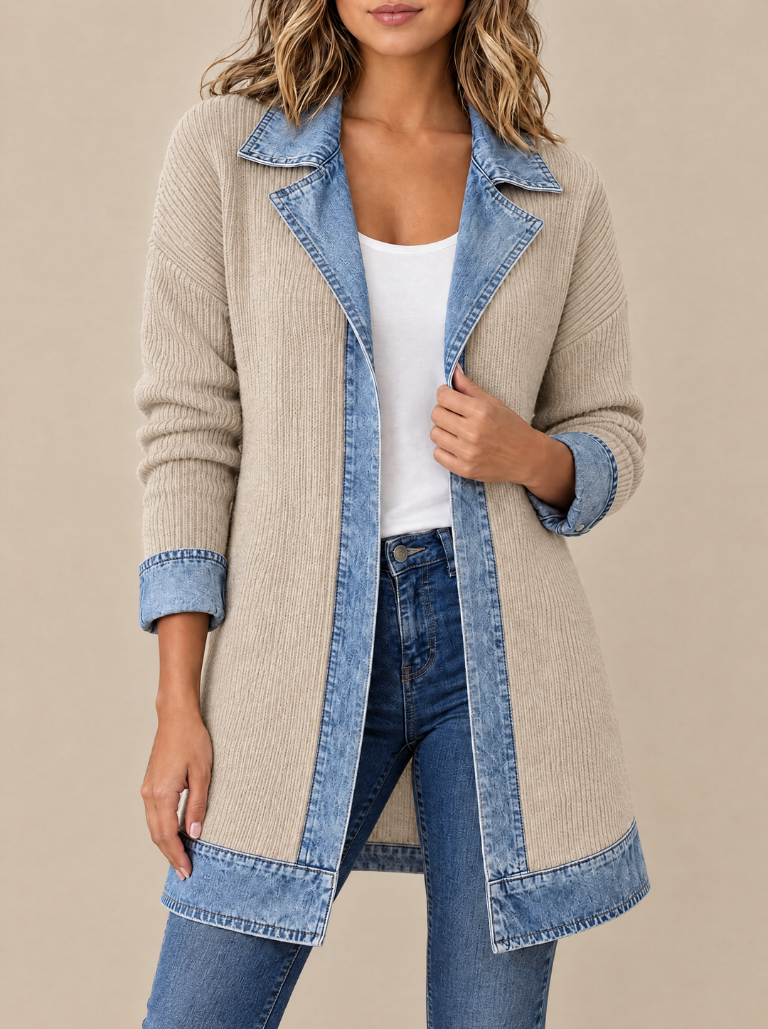 Hannah ribbed knit cardigan coat with denim collar, khaki, front view