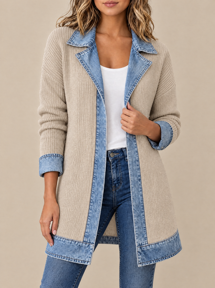 Hannah ribbed knit cardigan coat with denim collar, khaki, front view