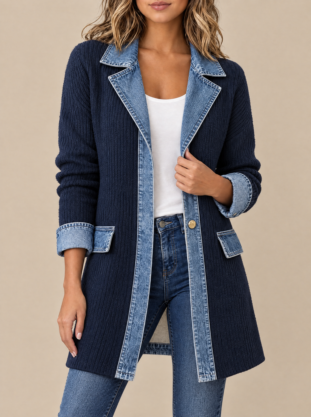 Hannah ribbed knit cardigan coat with denim collar, Navy Blue, front view