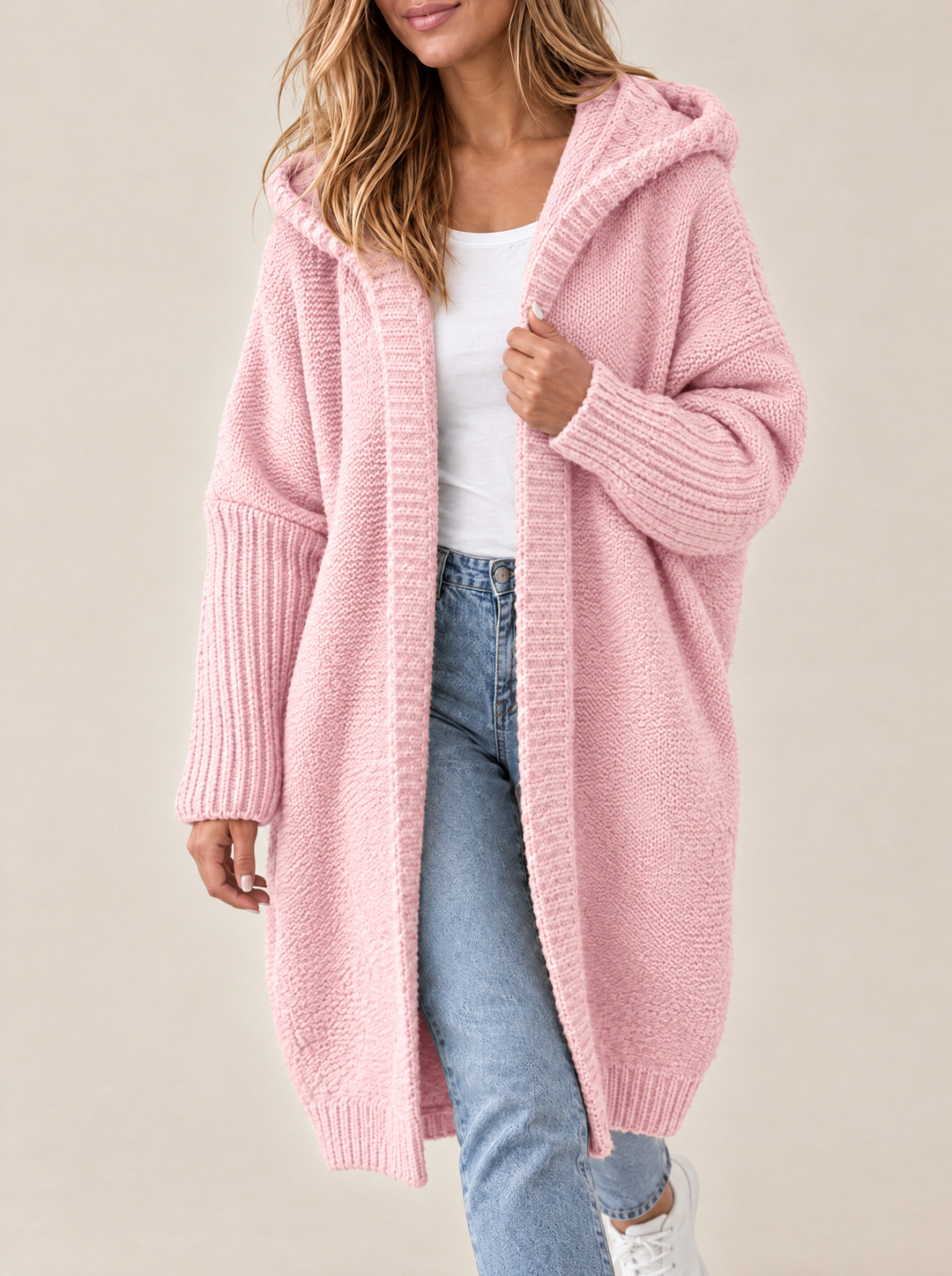 Odessa hooded open front knit cardigan, pink