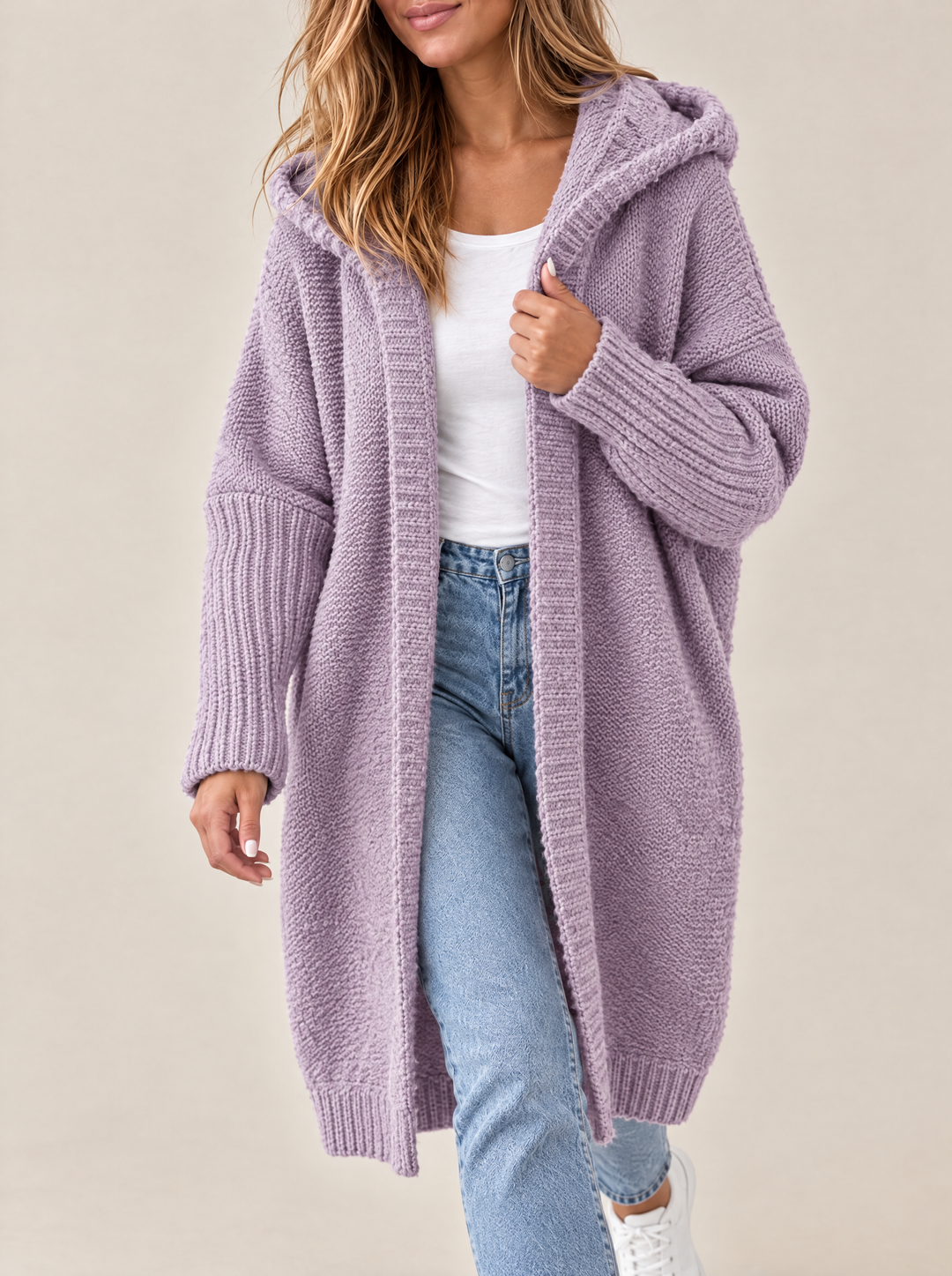 Odessa hooded open front knit cardigan, purple