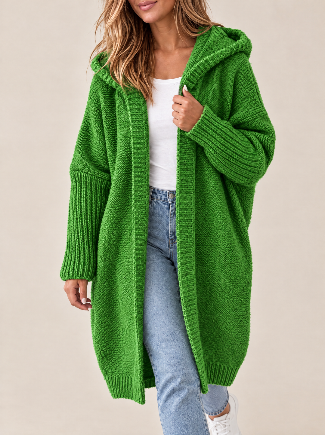 Odessa hooded open front knit cardigan, grass green