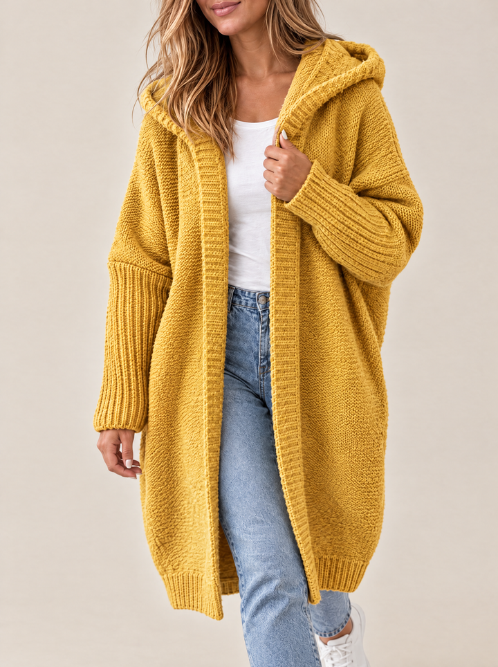 Odessa hooded open front knit cardigan, yellow