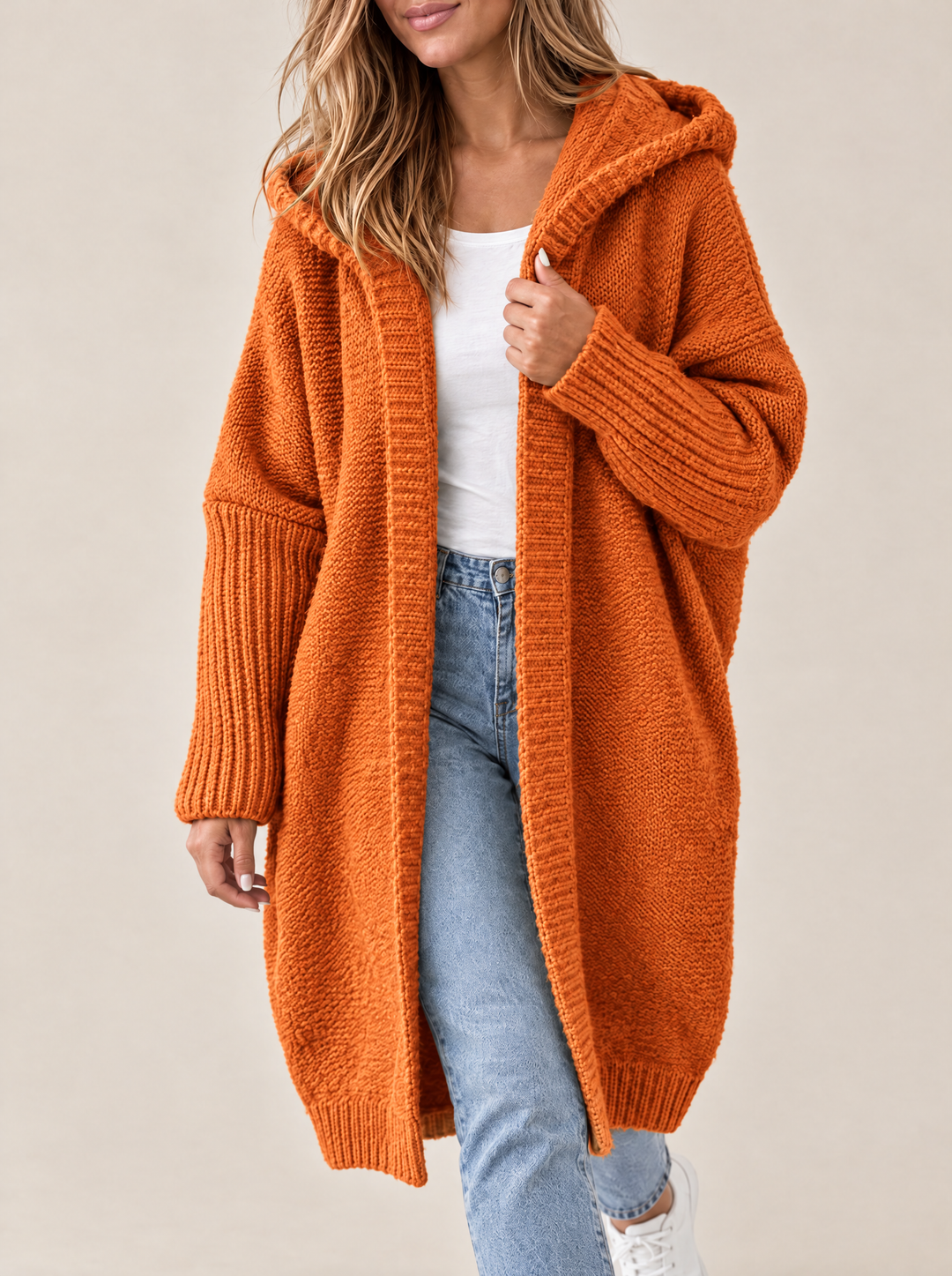 Odessa hooded open front knit cardigan, orange