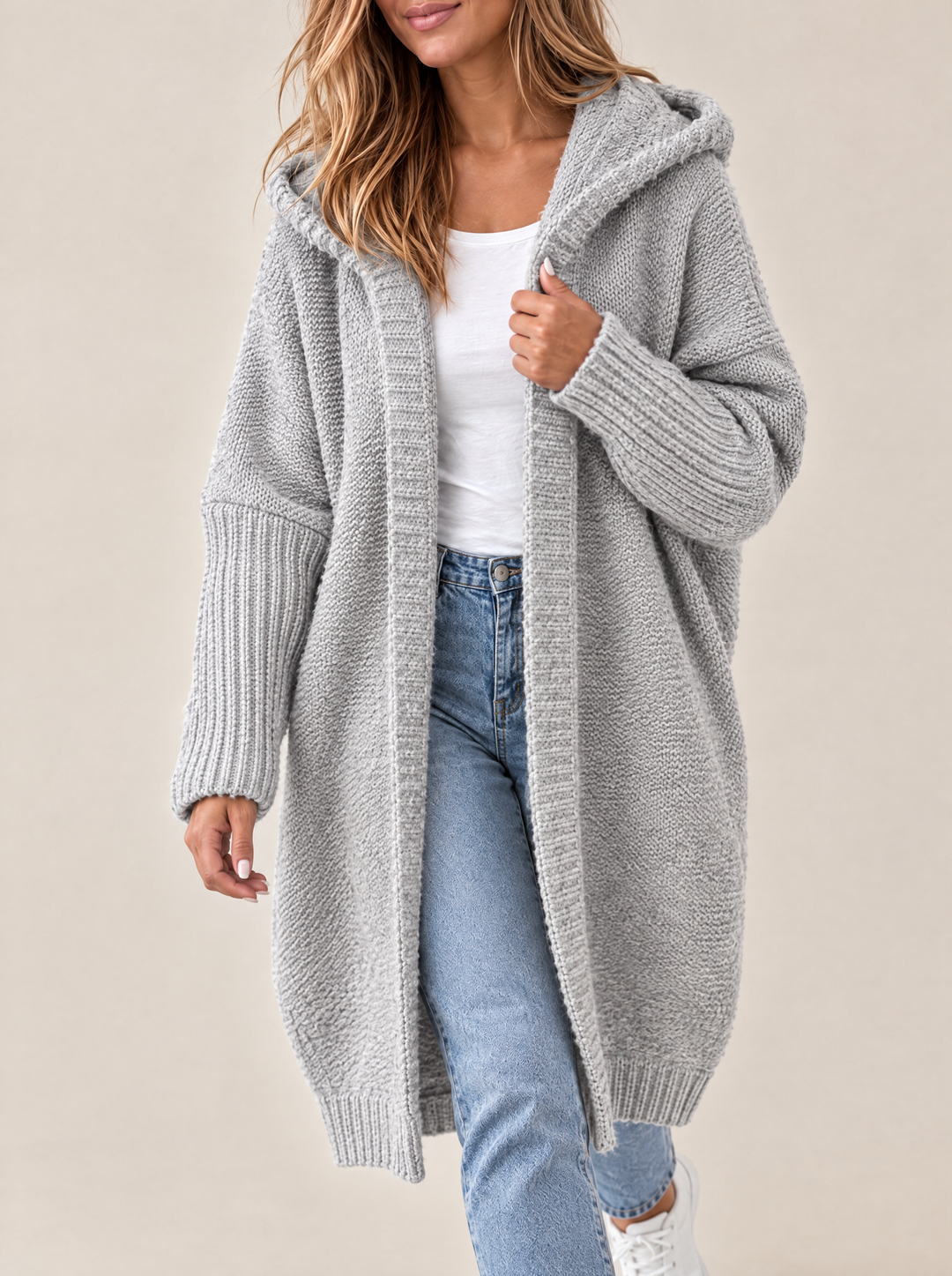 Odessa hooded open front knit cardigan, gray