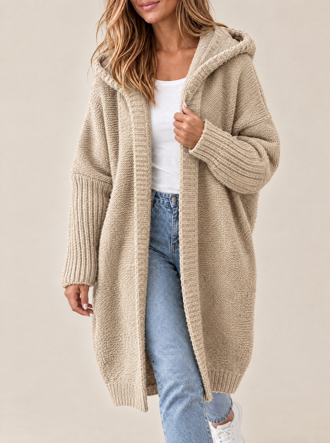 Odessa hooded open front knit cardigan, light khaki