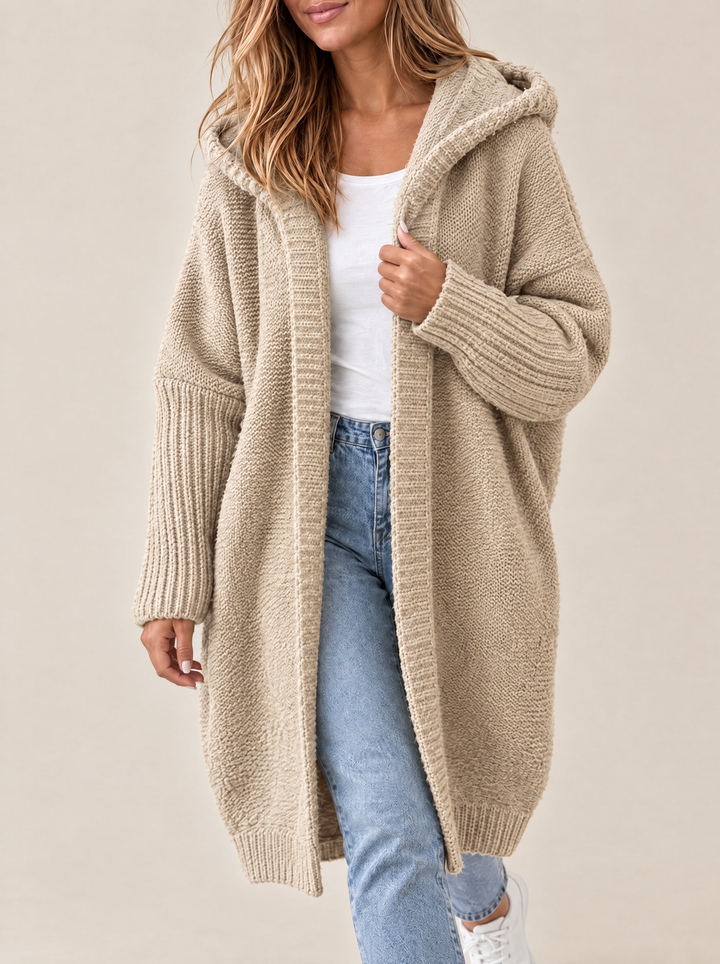 Odessa hooded open front knit cardigan, light khaki