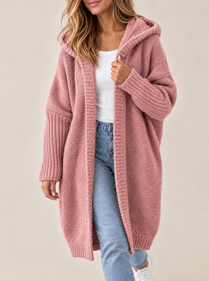 Odessa hooded open front knit cardigan, rose