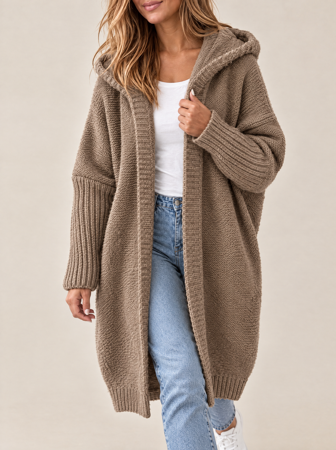 Odessa hooded open front knit cardigan, khaki
