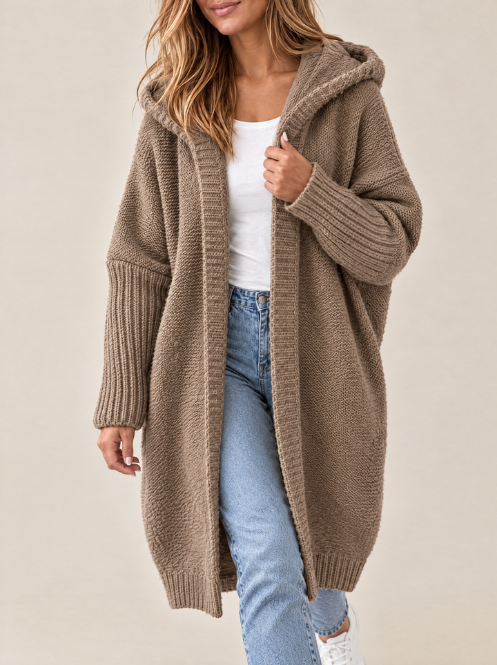 Odessa hooded open front knit cardigan, khaki