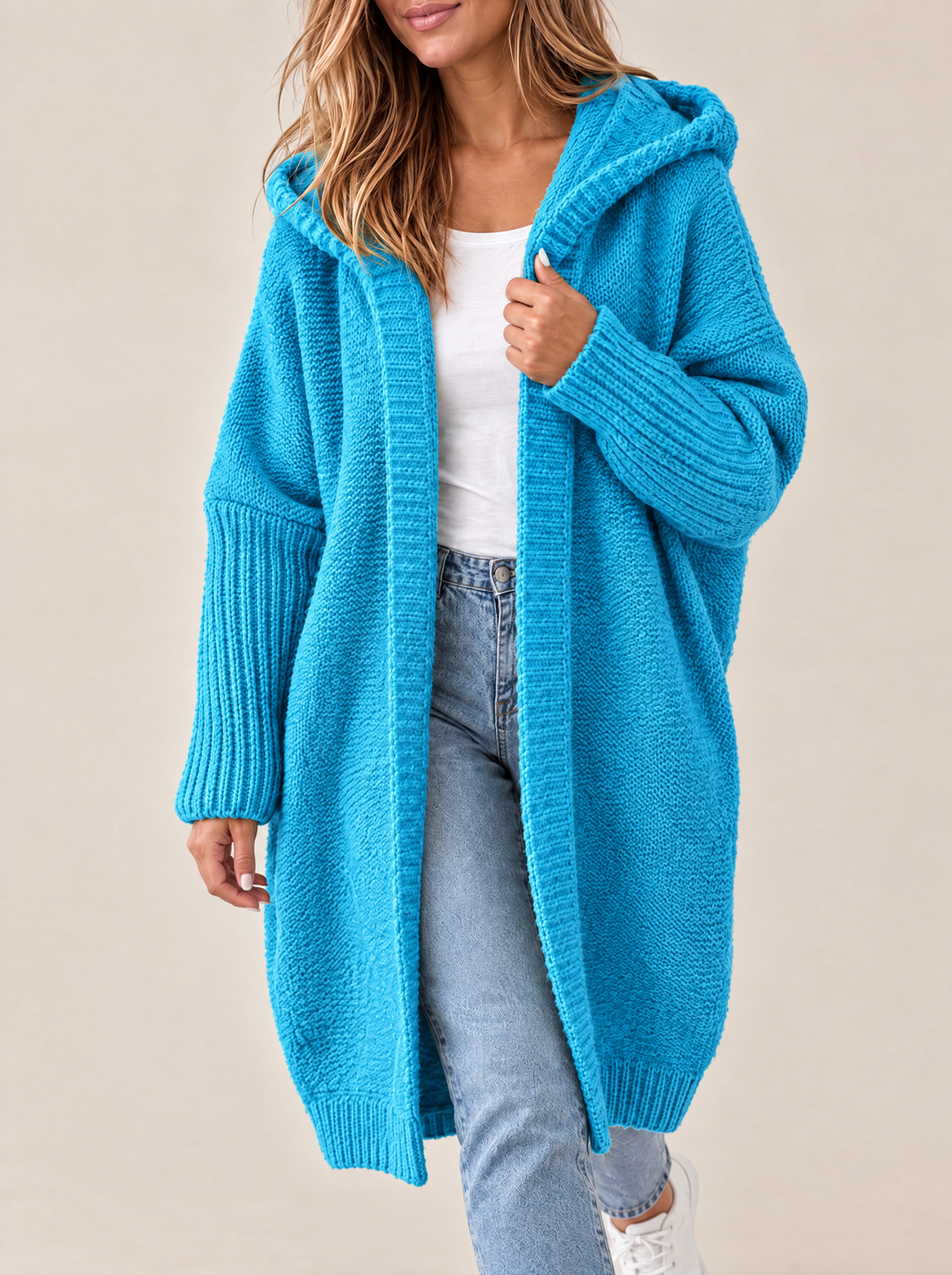 Odessa hooded open front knit cardigan, lake blue