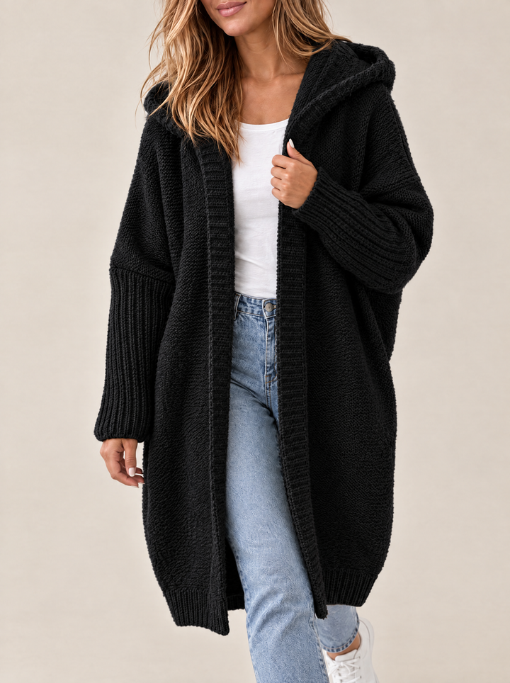 Odessa hooded open front knit cardigan, black