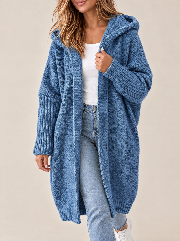 Odessa hooded open front knit cardigan, blue