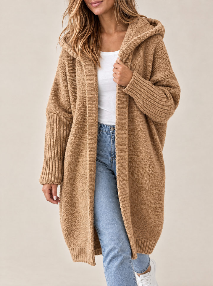 Odessa hooded open front knit cardigan, camel