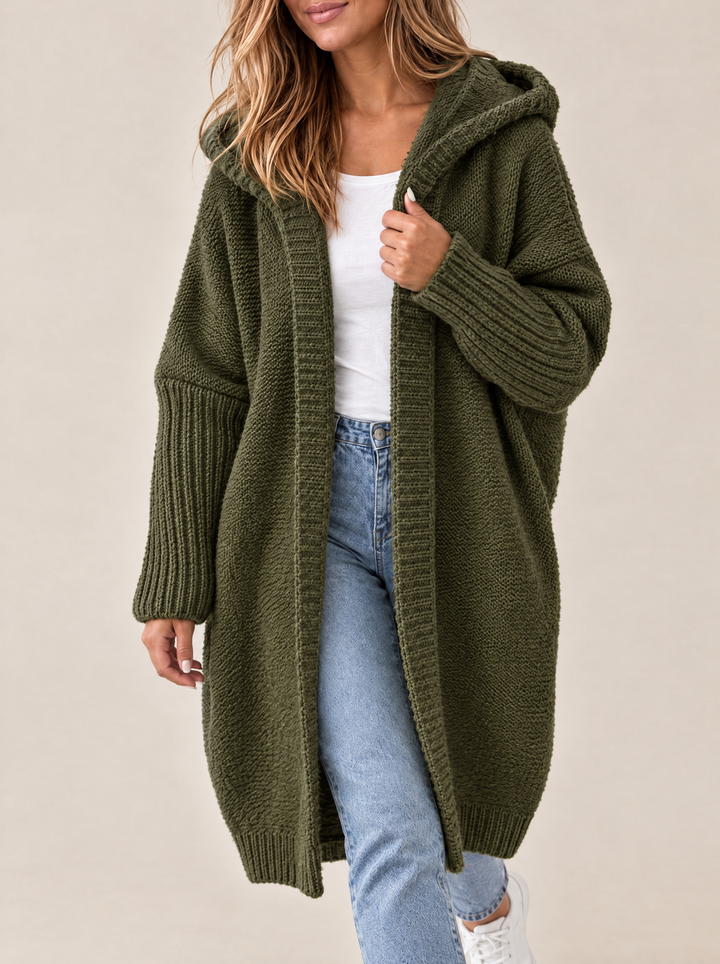 Odessa hooded open front knit cardigan, army green