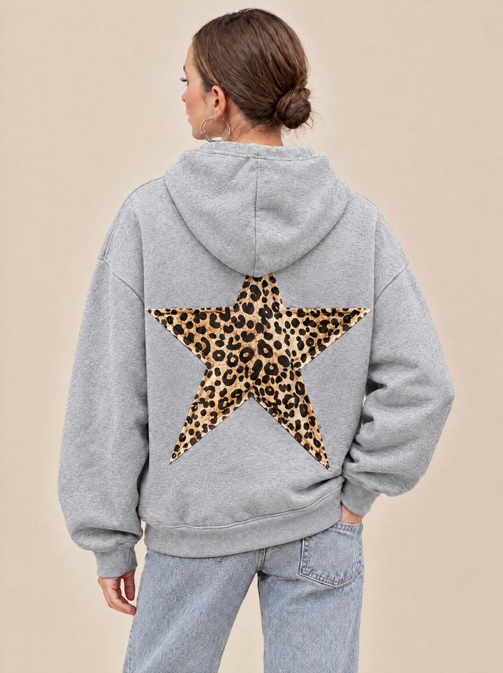 Esther oversized hoodie with leopard star back print, gray, back view