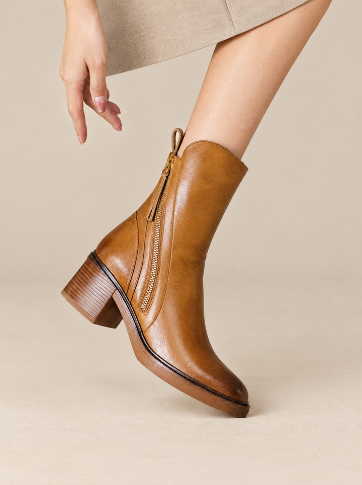Selene heeled ankle boots with side zip, Cognac, inner side view on foot