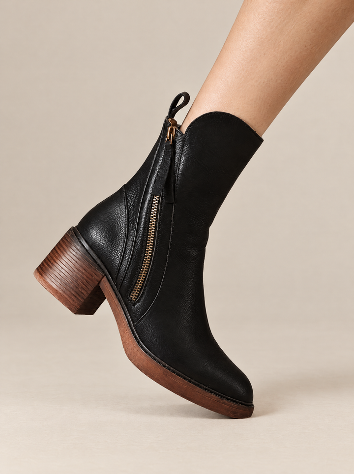 Selene heeled ankle boots with side zip, Black, inner side view on foot