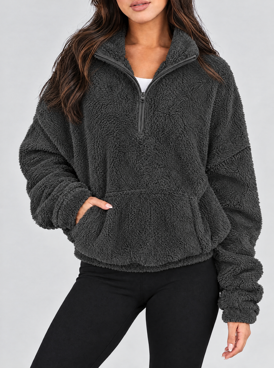 Alpine sherpa quarter zip sweater, gray, front view