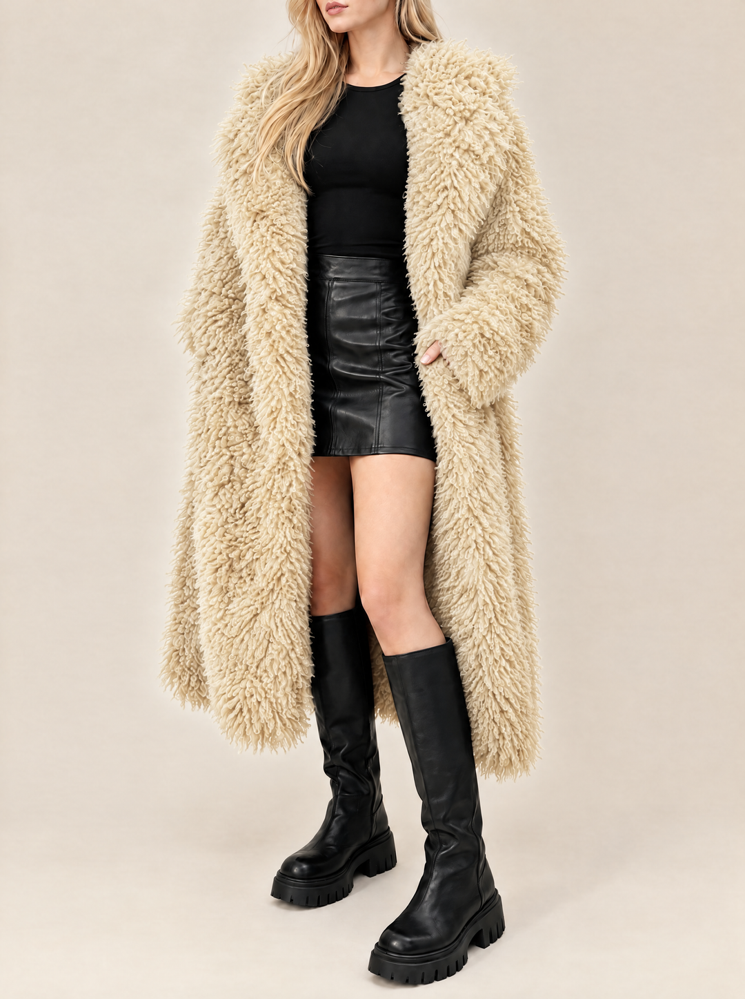 Mabel faux fur coat with wide collar, light brown, front view