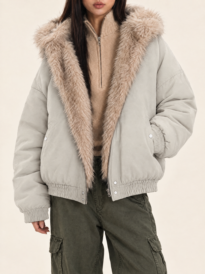 Astrid hooded winter jacket with faux fur, gray, front view