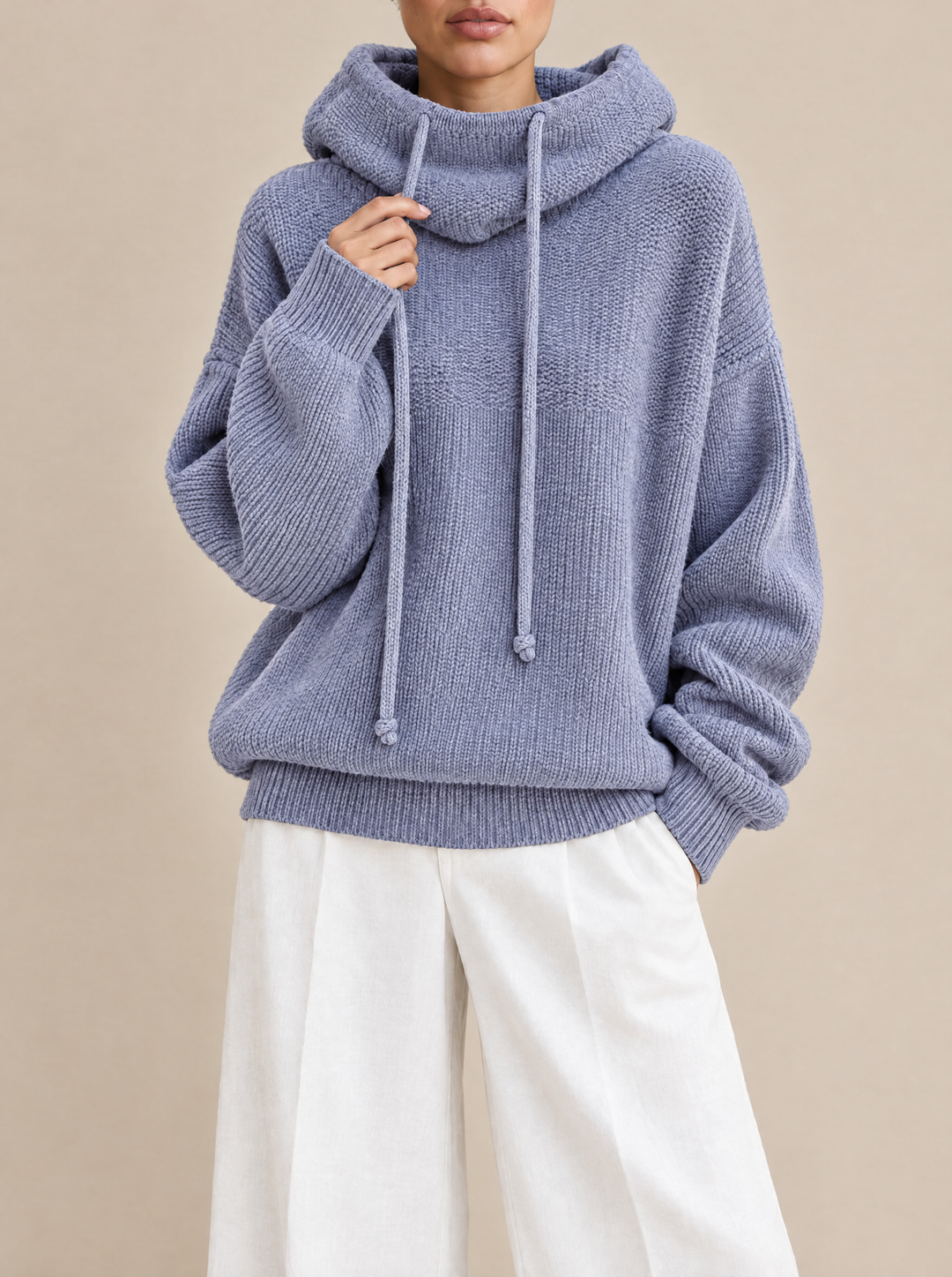 Bo knit hoodie with drawstring funnel neck, gray, front view