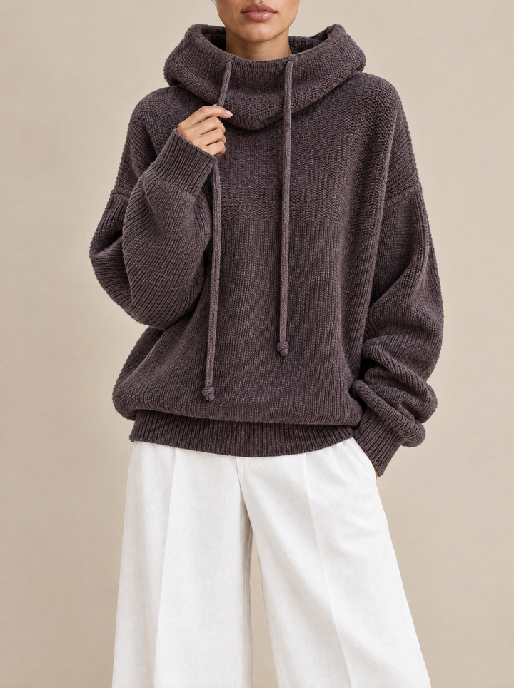 Bo knit hoodie with drawstring funnel neck, brown, front view