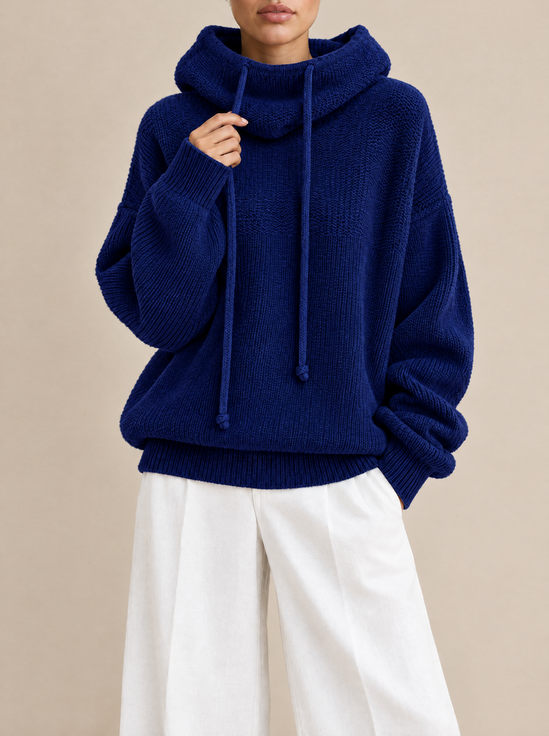 Bo knit hoodie with drawstring funnel neck, navy, front view