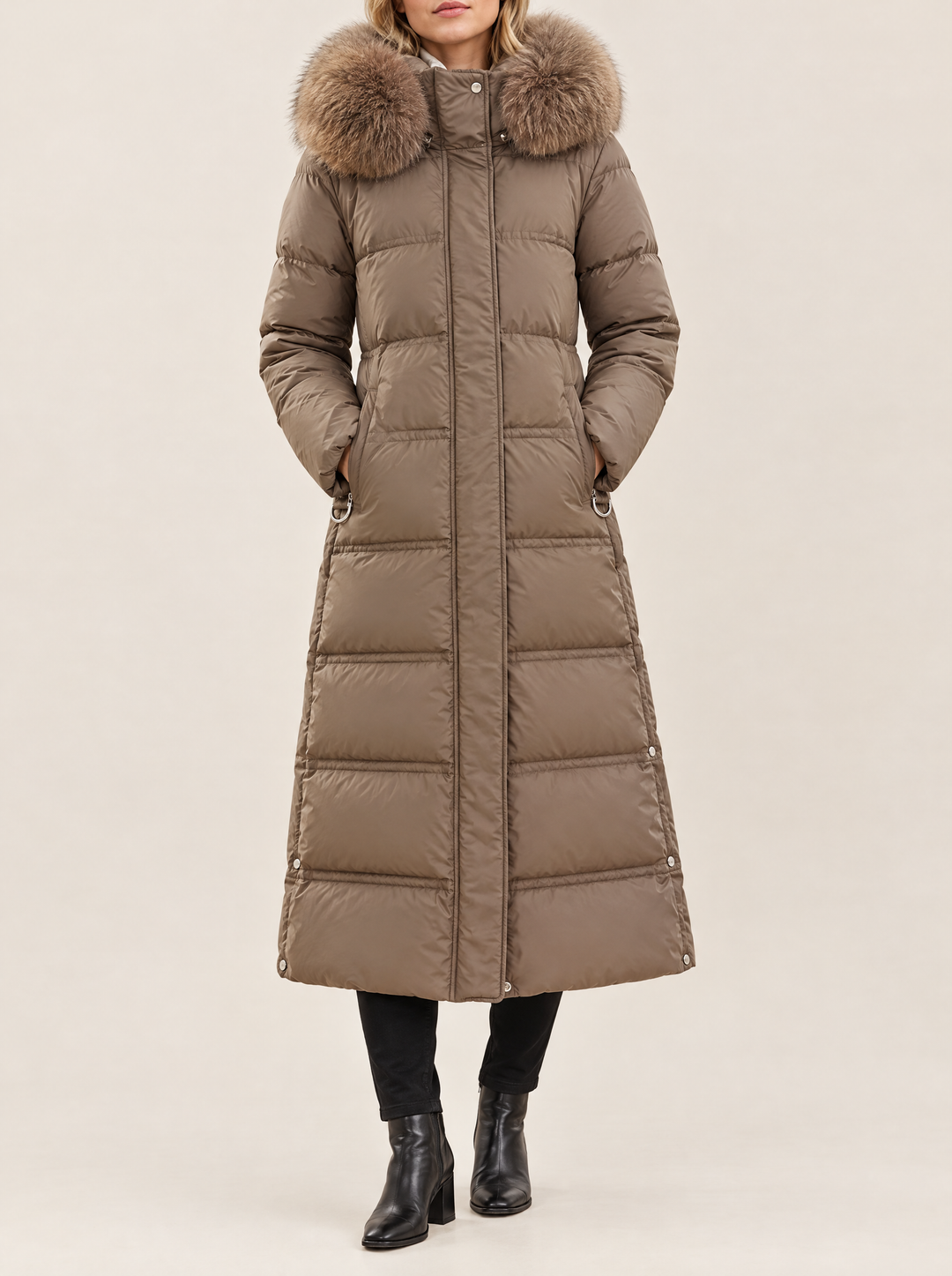 Lucia long puffer coat, Brown, front view