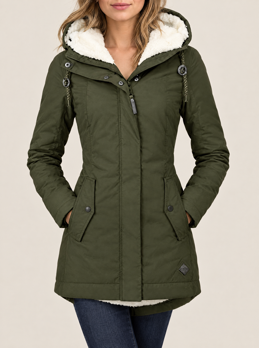Maggie hooded winter jacket, Army Green, front view