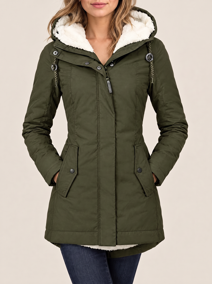 Maggie hooded winter jacket, Army Green, front view
