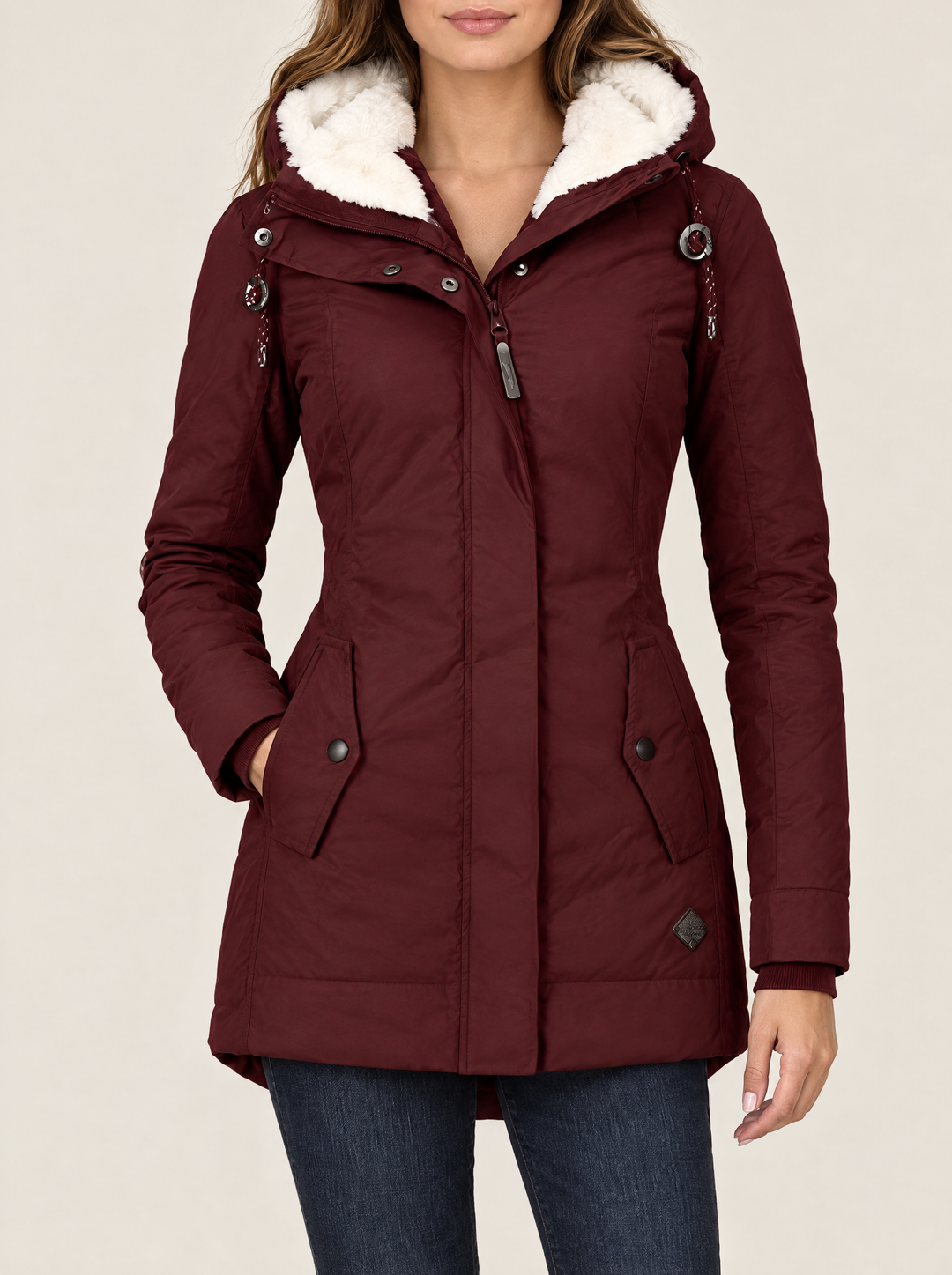 Maggie hooded winter jacket, Wine Red, front view