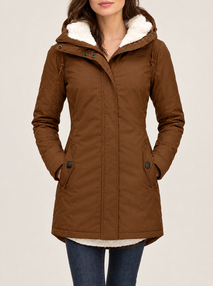 Maggie hooded winter jacket, Brown, front view