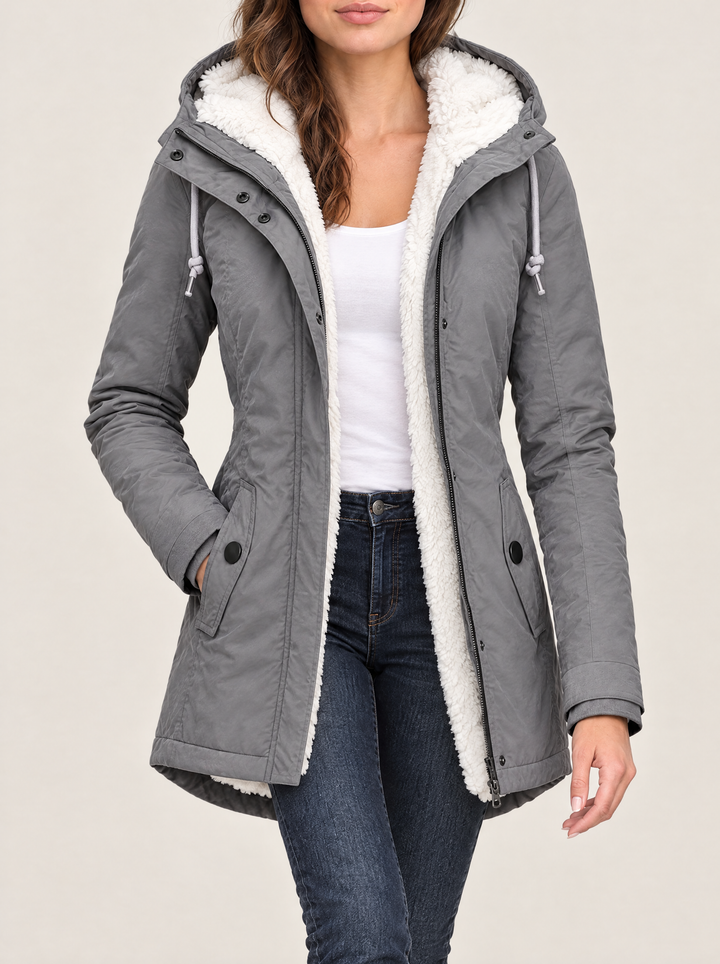 Maggie hooded winter jacket, Gray, worn open