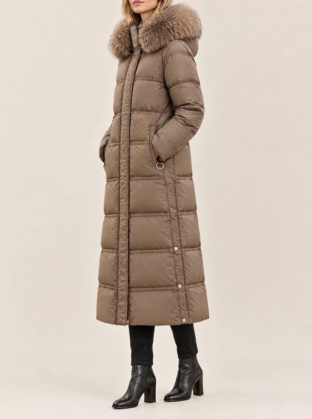 Lucia long puffer coat, Brown, side view