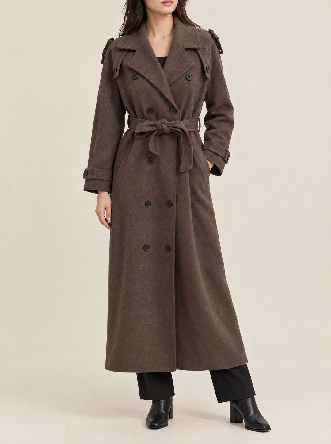 Alicia long belted coat with notch lapels, brown, front view