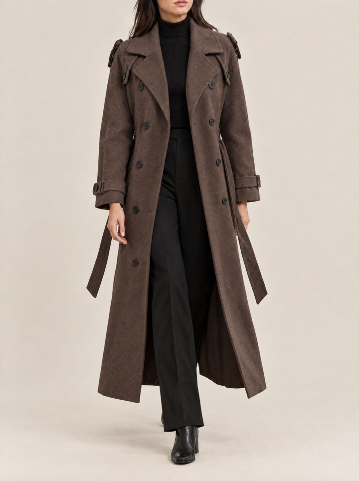 Alicia long belted coat, brown, worn open