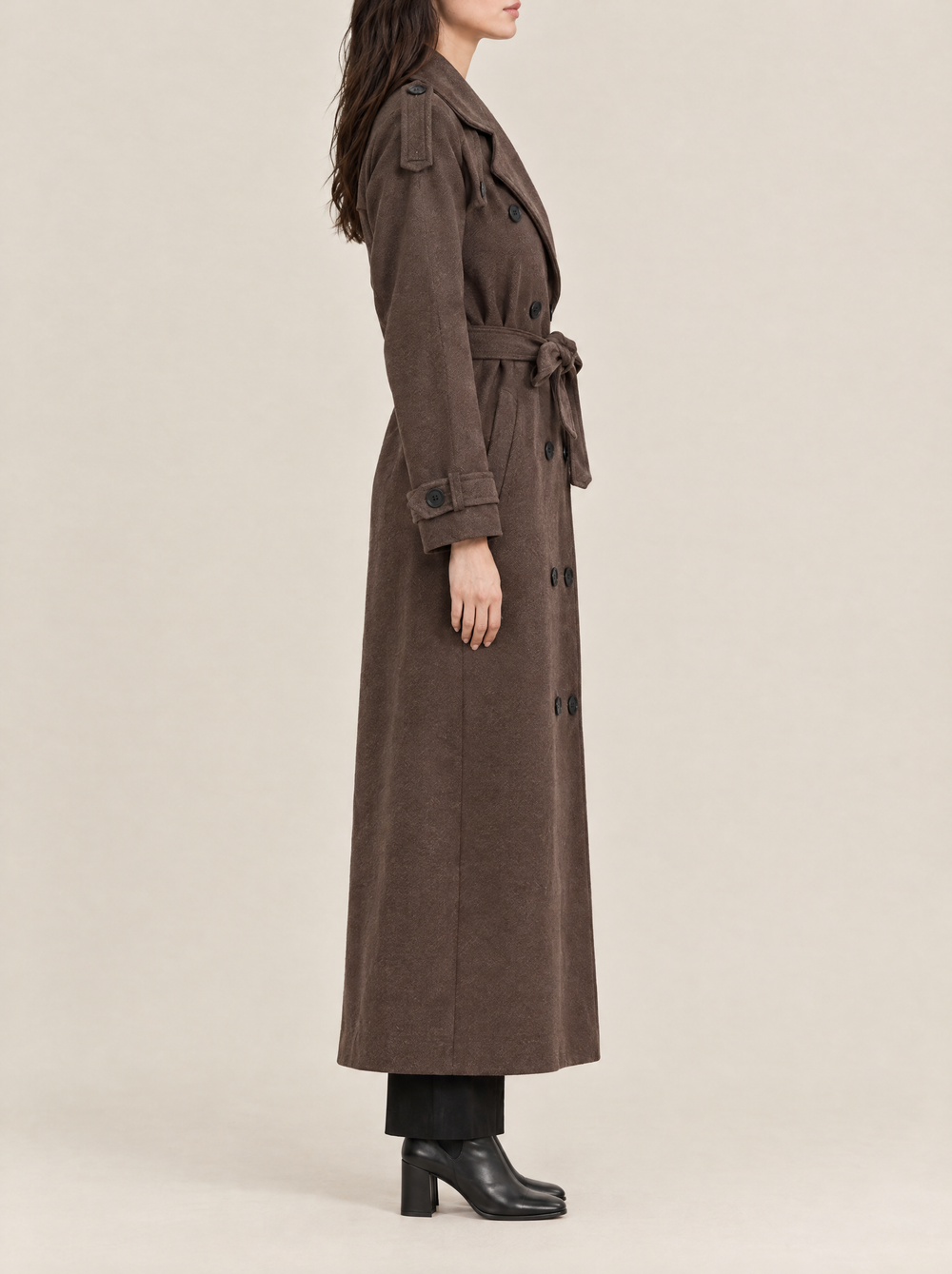 Alicia long belted coat, brown, side view