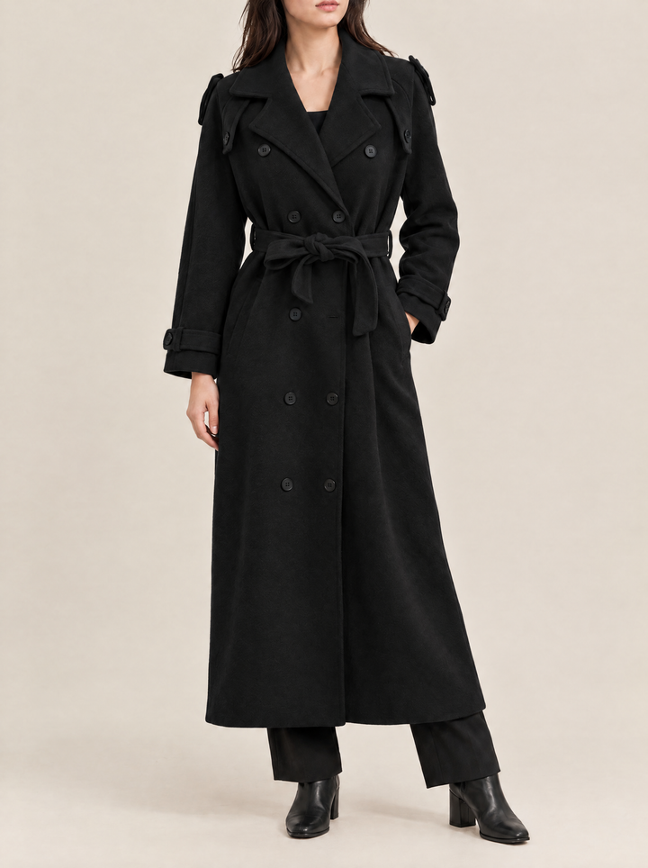 Alicia long belted coat, black, front view