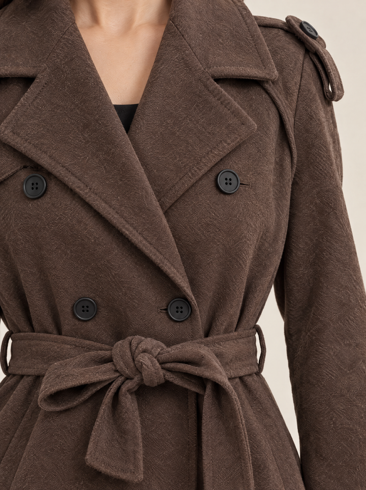 Alicia long belted coat, brown, lapel and button detail