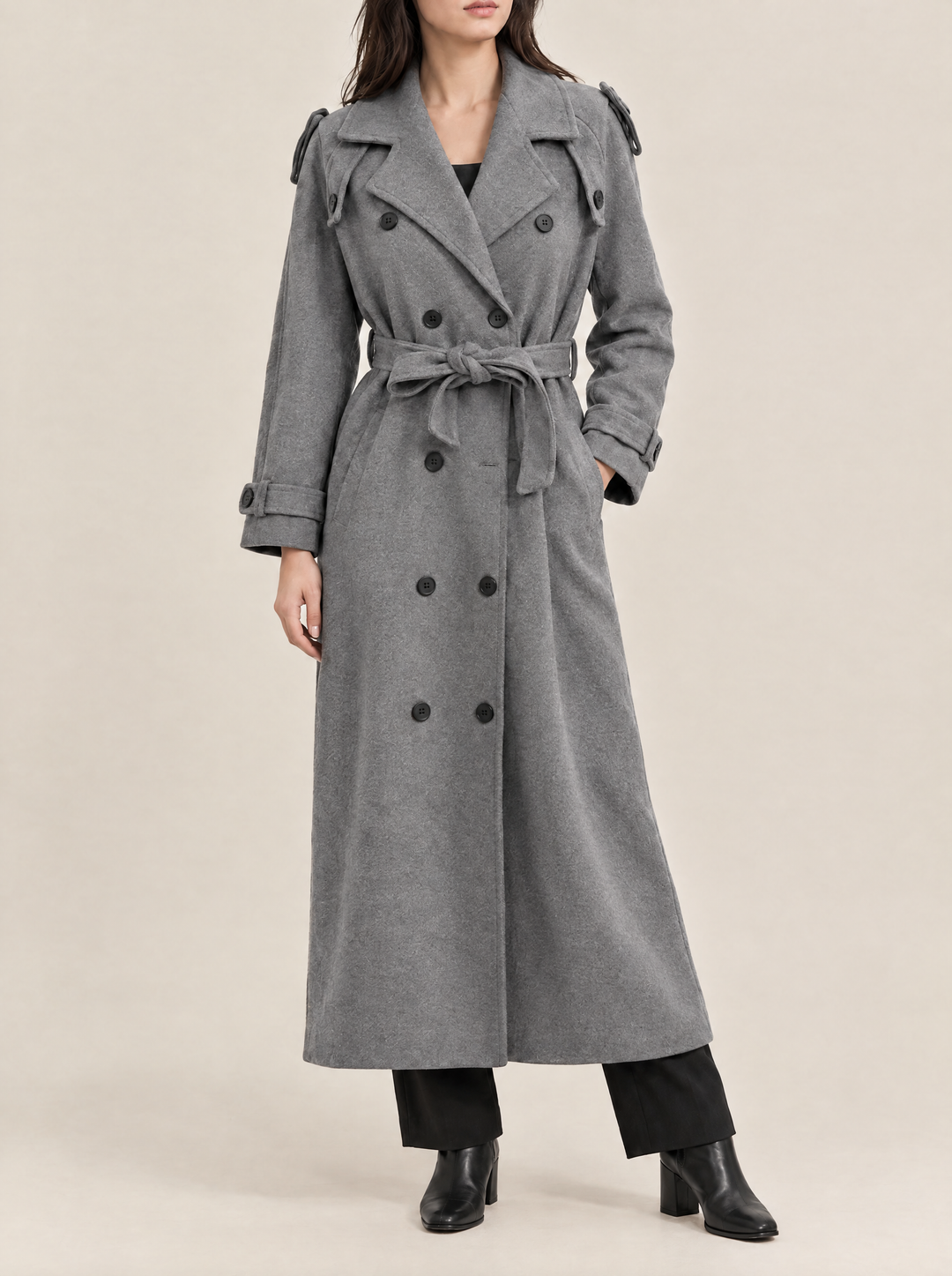 Alicia long belted coat, gray, front view
