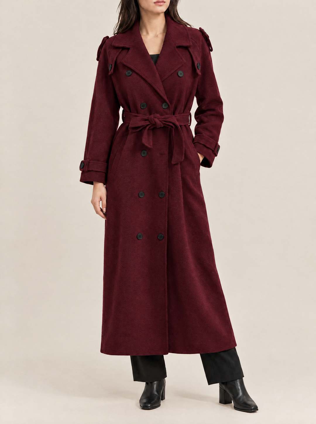 Alicia long belted coat, burgundy, front view