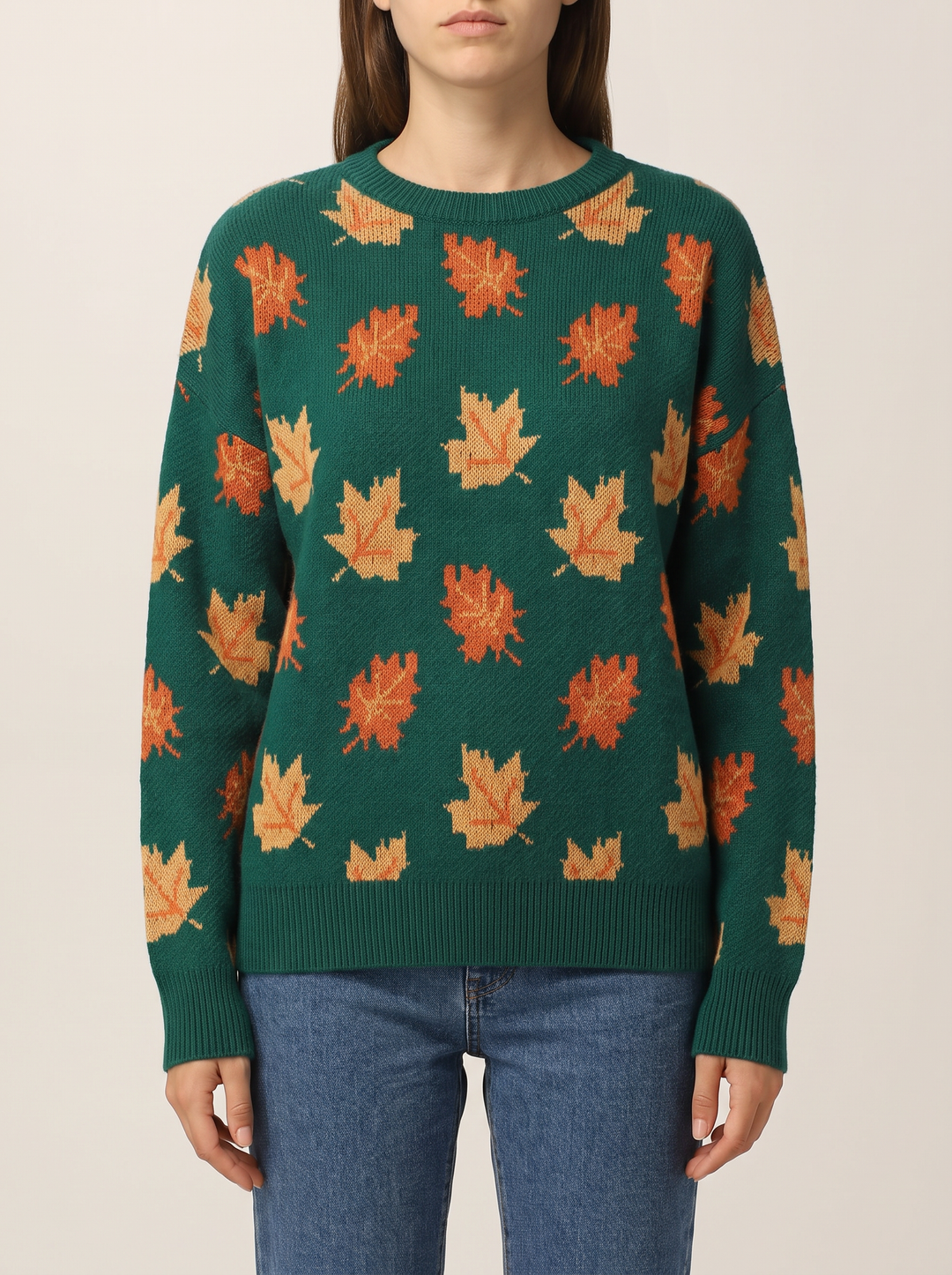 Harvest crew neck sweater, dark green, front view