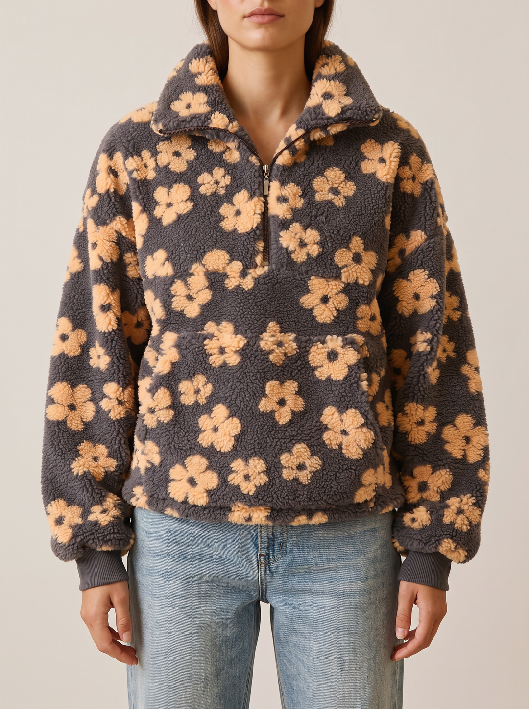 Daisy quarter zip sweater, charcoal/peach, front view